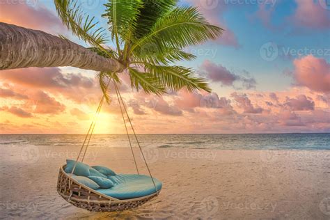 Tropical sunset beach background, summer island landscape with palm