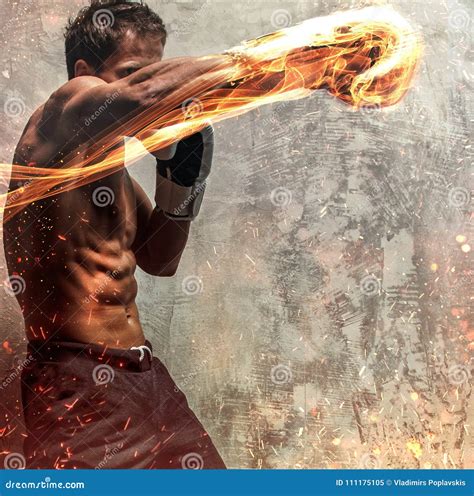 Fighter with Naked Torso Poses in Studio. Stock Image - Image of gloves