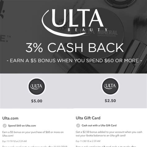 Earn 3% cash back on Ulta.com from IBOTTA. Get an additional $5 bonus