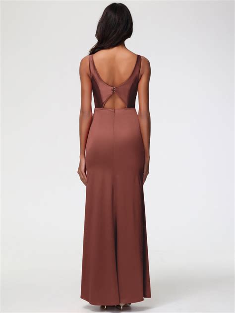 Prom Dress Terracotta Elegant Sleeveless Sheath/Column V-Neck Floor Le