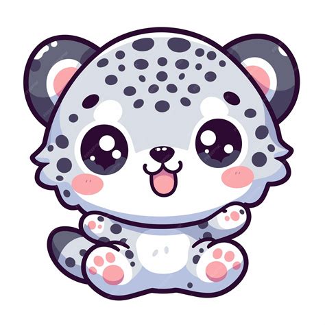 Chibi cute kawaii drawing of a snow leopard cartoon with a black nose