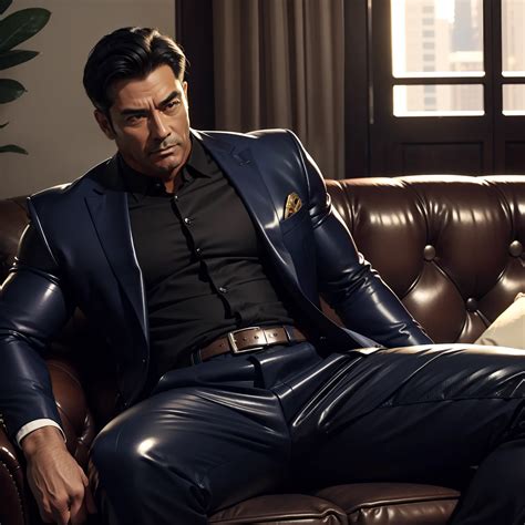 Araffe man in a blue suit sitting on a brown leather couch - SeaArt AI