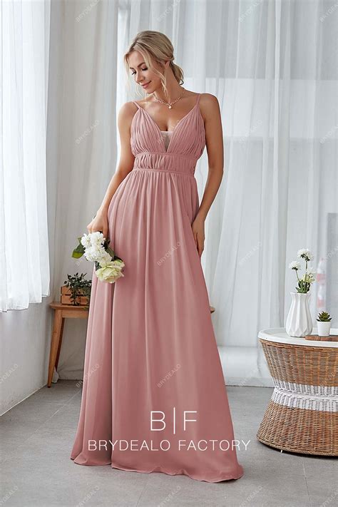 Popular Dusty Rose Chiffon Plunging A-line Long Bridesmaid Prom Dress