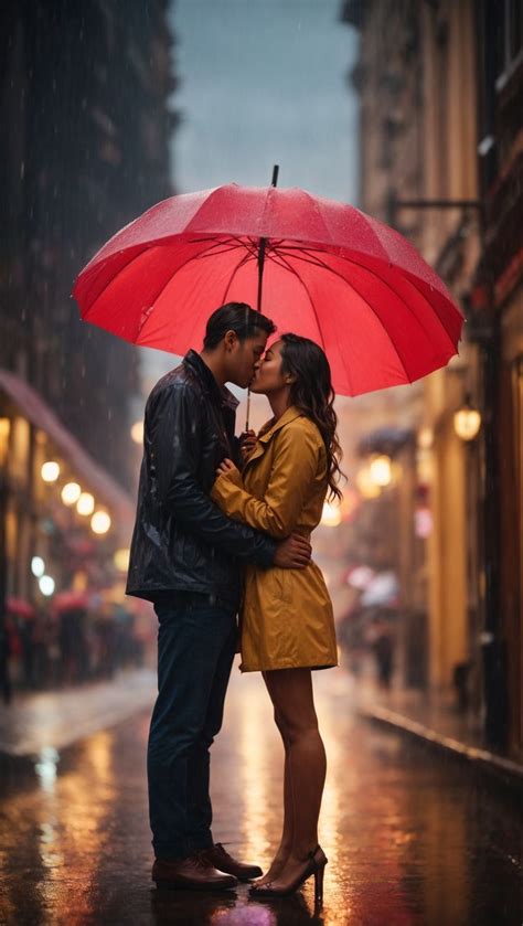 "Romantic Rain Kiss Under a Vibrant Umbrella" | Love couple photo, Cute ...