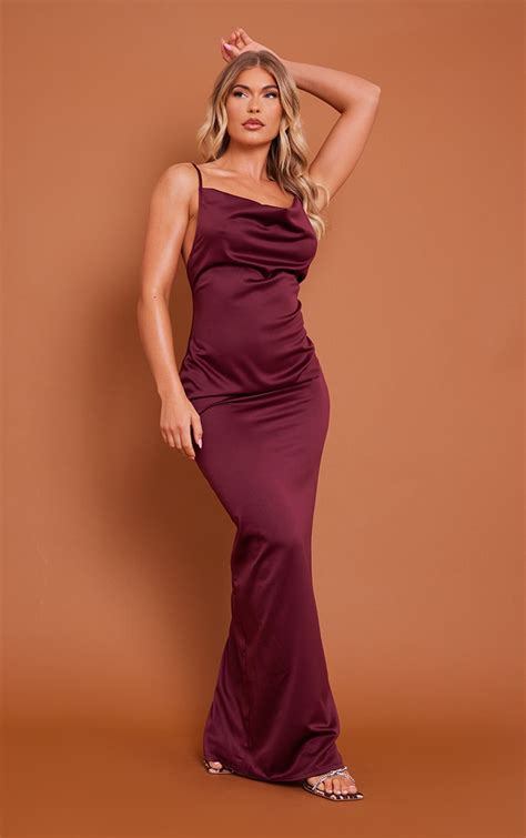 burgundy satin cowl neck maxi dress dresses prettylittlething