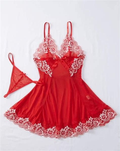 red lace nightgown  panty set  neck mini sleep dress summer