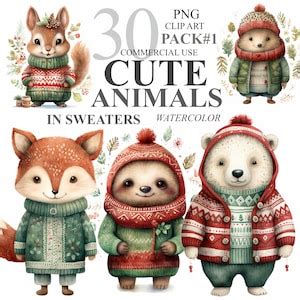 30 Cute Winter Animals in Sweaters Part 1 Pack, Watercolor Animals ...