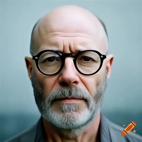 Middle-aged teacher with curly grey hair, short brown beard, glasses