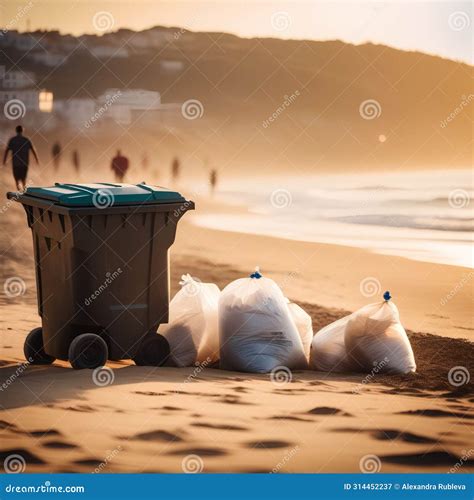 Garbage Containers Installed on Beach. Trash Cans, Bins Stock Image