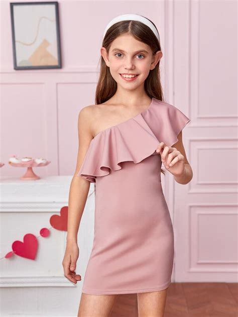 SHEIN Kids FANZEY Girls One Shoulder Ruffle Trim Dress | SHEIN UK
