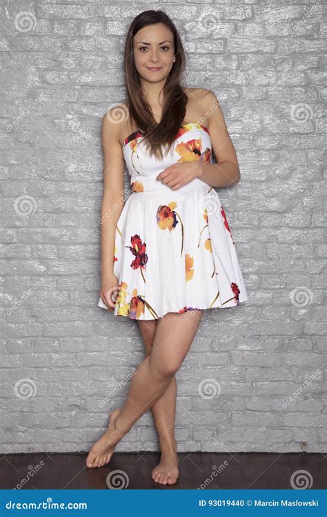 Beautiful Barefoot Girl, Posing in a Dress Stock Photo - Image of ...