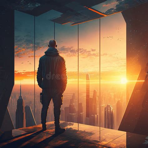A Man on Top of Skyscrapers Looking at the City in the Sunset Rays ...