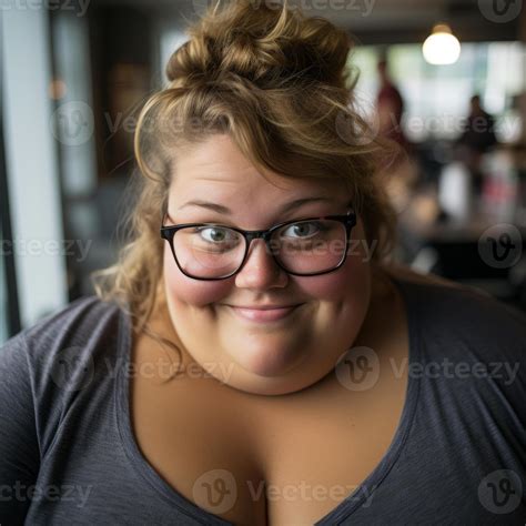 a woman with glasses and a big fat face generative ai 32096270 Stock