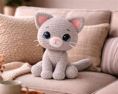 白いあみぐるみ猫のかぎ針編みパターンPDF | ぬいぐるみの作り方チュートリアル | 手作り子猫人形 DIY かぎ針編みぬいぐるみパターン