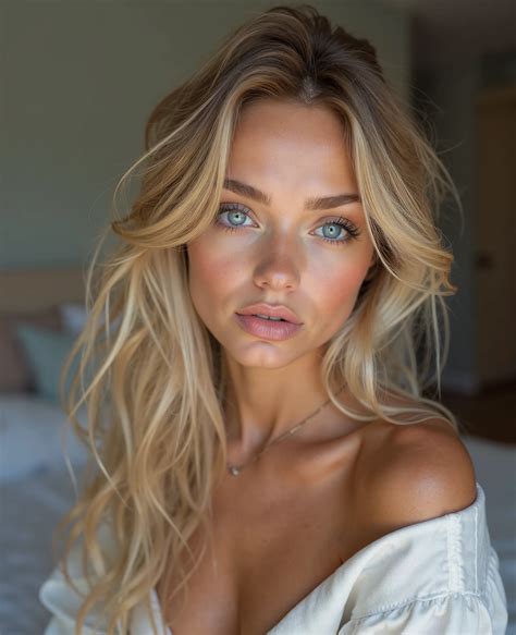 Blond woman with blue eyes and long hair posing on a bed - SeaArt AI