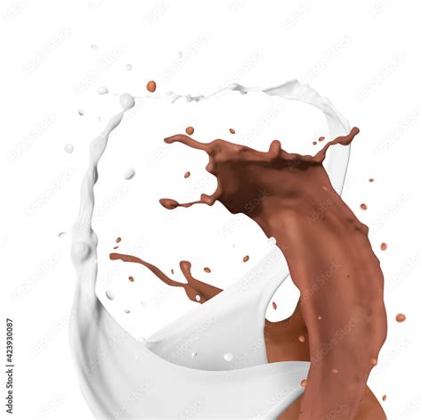 Splashes of chocolate milk and ordinary one mixing together on white ...