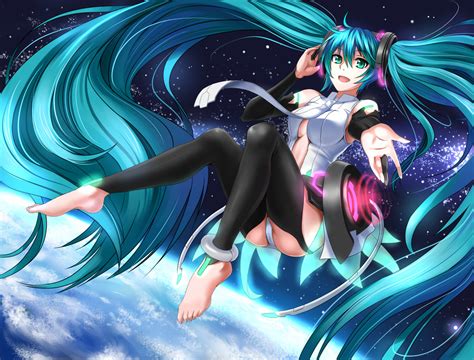 barefoot hatsune miku headphones miku append space thighhighs twintails ...