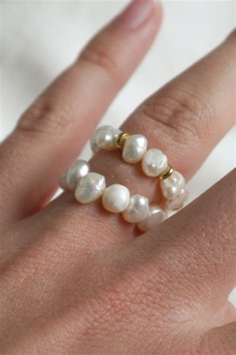 Natural pearl ring • with real, irregular freshwater pearls and golden ...