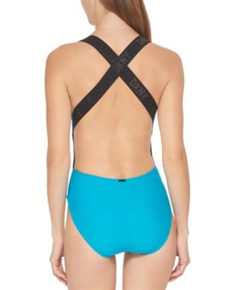 DKNY Women’s Blue Logo Cross-Back One-Piece Swimsuit – COUTUREPOINT