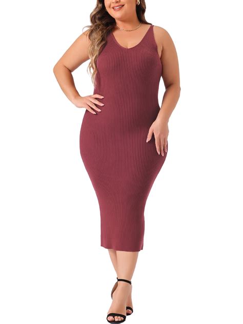 Agnes Orinda Women's Plus Size Dress Sleeveless V Neck Casual Ribbed