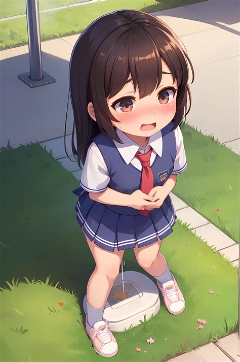 Anime girl in school uniform standing on a pedestal in the grass