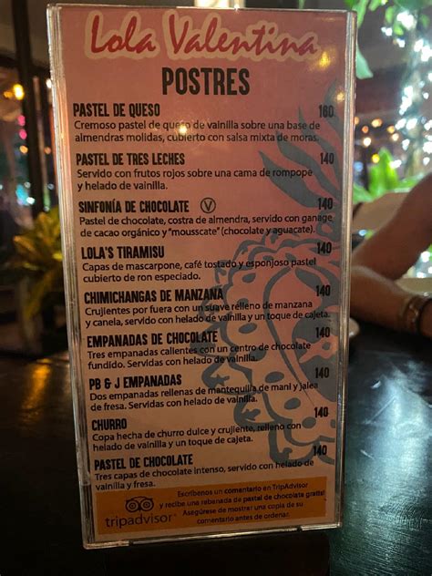 Carta del restaurante Lola Valentina, Isla Mujeres, Miguel Hidalgo