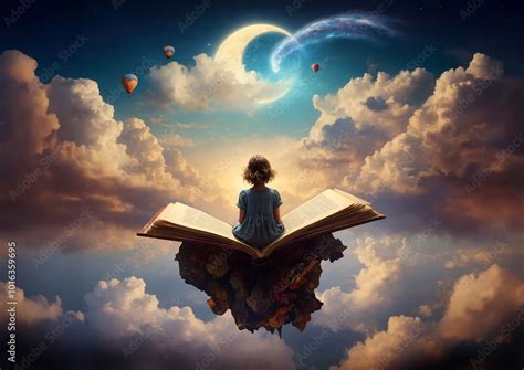 little girl sitting on open book in sky with full moon, concept of kids ...