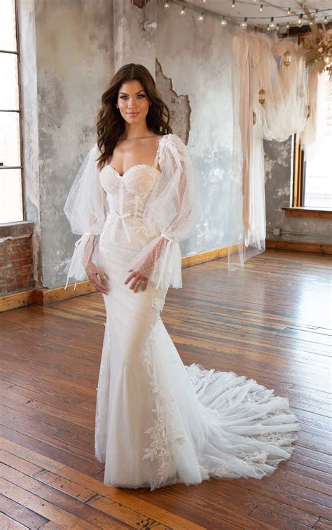 Flowery Boho Fit-and-Flare Wedding Dress with Detachable Bell Sleeves