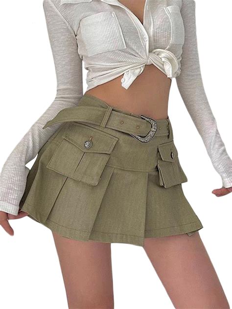 Seyurigaoka Women Juniors Wild Cargo Skirts Solid Color High Waist Mini ...