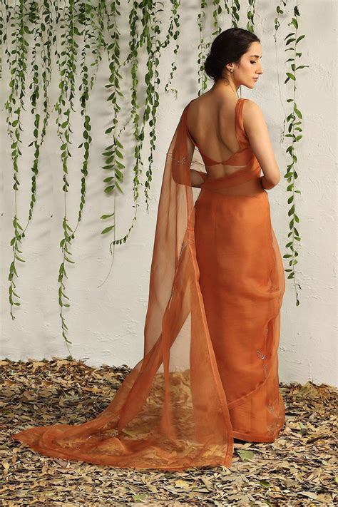 Orange Organza Nakshi Saree With Blouse Set of 2 | Indian dresses