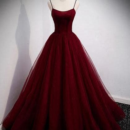 Wine Red Tulle Straps Long Evening Dress Party Dress Formal Prom Dress ...