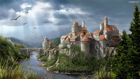 Rzeka, Fantasy, Most, Zamek, Ptaki