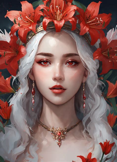 Lexica - Lily flower goddess holding a lily, braided white hair, red