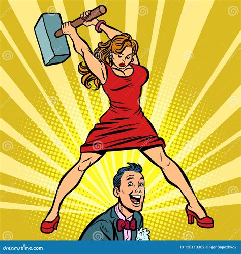 La Donna Batte Un Uomo Con Un Martello Illustrazione Vettoriale