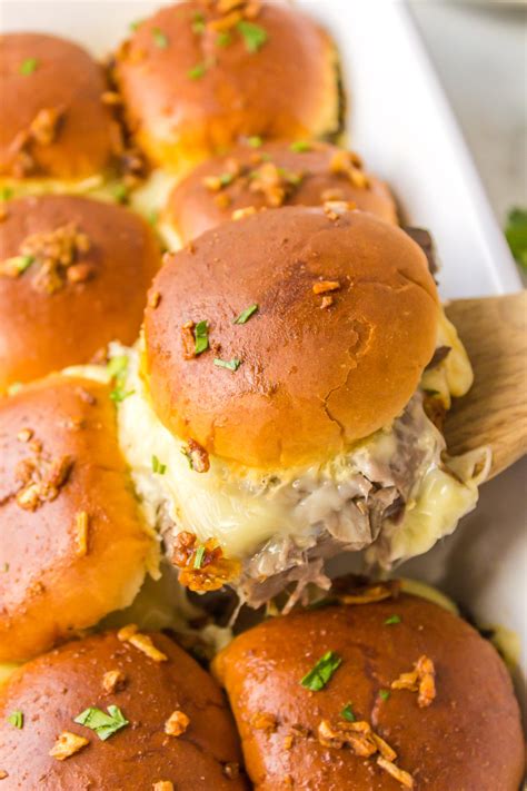 French Dip Sliders in a cake pan - Reluctant Entertainer