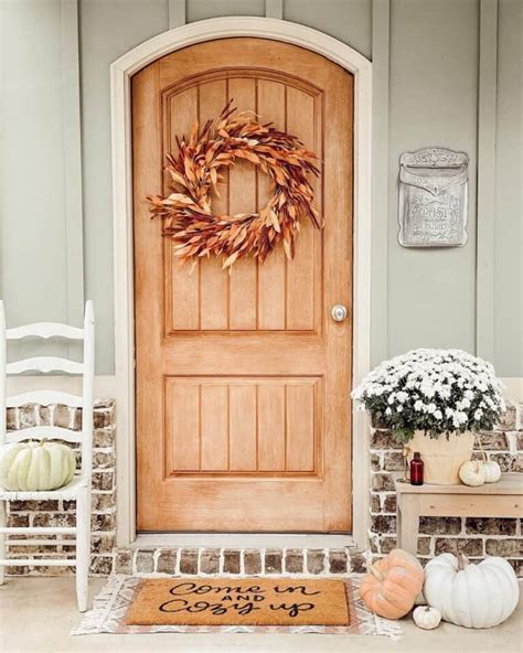 Natural Wood Front Door with Dried Leaf Wreath - Soul & Lane