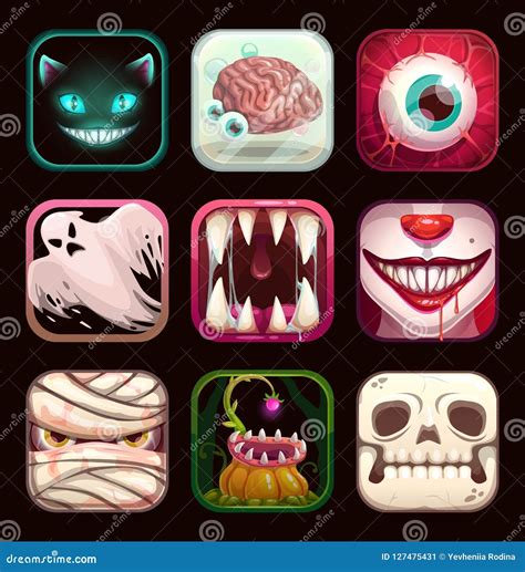 Scary App Icons on Black Background. Creepy Mobile Game Logo Templates ...