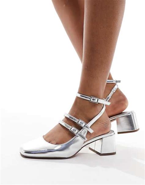 asos design soccer mid block heeled mary jane shoes  silver asos