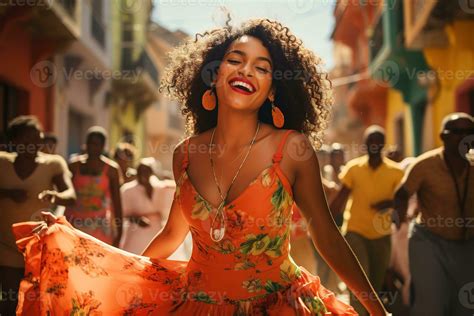Young happy smiling beautiful cuban woman dancing on city streets in
