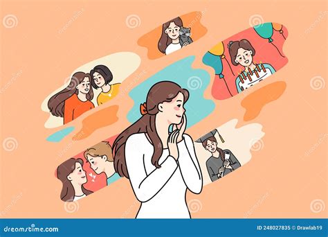 Woman Feel Nostalgic Remembering Life Scenes Stock Vector ...