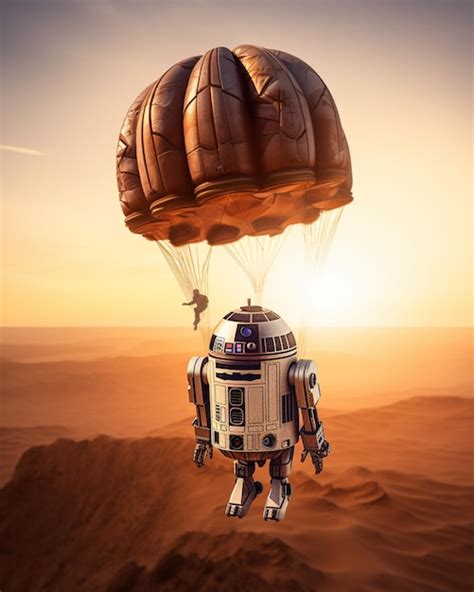 Premium Photo | Arafed robot flying in the air with a parachute ...