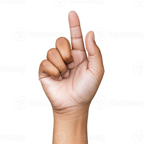 Hand gesture showing one finger raised on transparent background