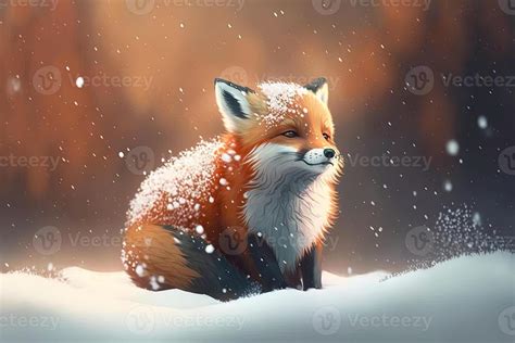 Cute red fox baby cartoon dreamlike in snow, winter, Generative AI ...