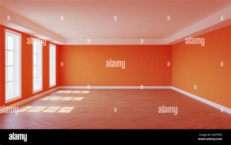 Interior of the Room with Orange Walls, Three Windows, White Ceiling ...