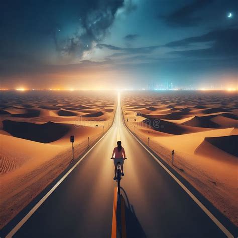 A Lone Cyclist is Crossing a Straight and Empty Road that Stretches Far ...