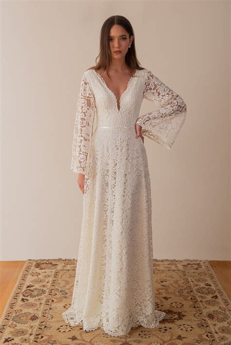 Boho Lace Wedding Dress Long Flutter Sleeve Wedding Dress Bell Sleeve