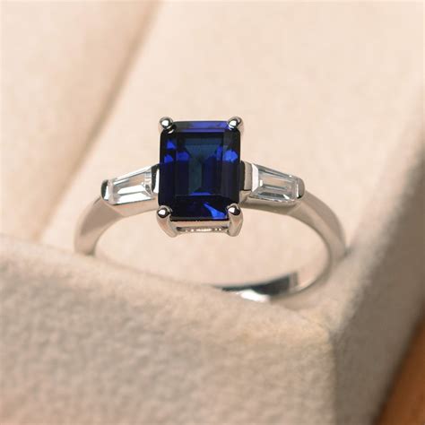 Lab sapphire ring, emerald cut blue gemstone ring, September birthstone