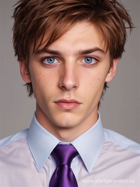 Young Man with Lilac Eyes and Chestnut Hair in Blue Shirt and Purple ...
