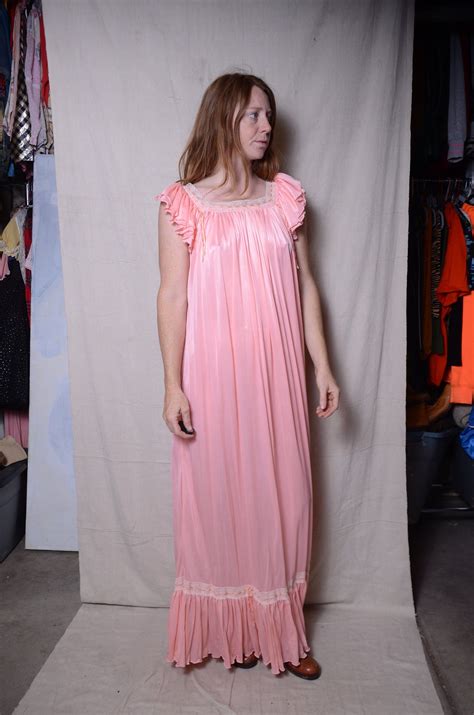 80s Peach Ruffle Sleeve Maxi Nightgown Vintage Lace House Dress Pink