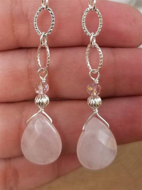 silver rose quartz teardrop dangle earrings rose quartz earrings pink